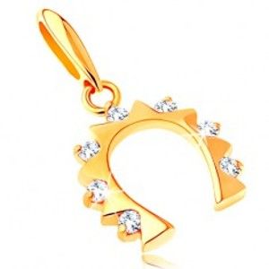Šperky eshop -  Zlatý prívesok 585 - podkovička pre šťastie so zirkónmi čírej farby GG121.16