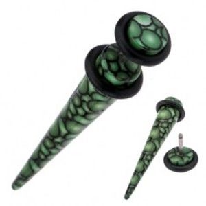 Šperky eshop - Akrylový fake taper do ucha, zeleno-čierny guličkový vzor AA44.15