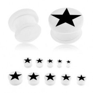Šperky eshop - Akrylový plug bielej farby do ucha, čierna päťcípa hviezda, priehľadná gumička S37.28 - Hrúbka: 6 mm 