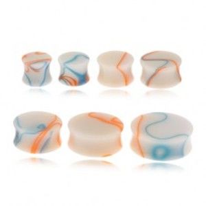 Šperky eshop - Akrylový plug do ucha, béžová farba, modro-oranžové línie U20.11 - Hrúbka: 12 mm, Farba: Modro-oranžová