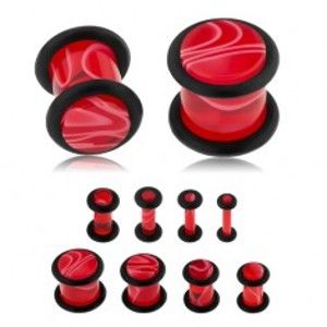 Šperky eshop - Akrylový plug do ucha, červená farba, mramorový vzor, čierne gumičky S44.12 - Hrúbka: 2 mm