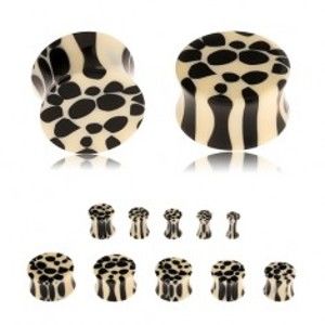 Šperky eshop - Akrylový sedlový plug do ucha, béžovo-čierny leopardí vzor S44.17 - Hrúbka: 6 mm 