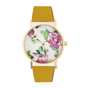 Analógové hodinky - ciferník s kvetmi ruží a zirkónmi, žltý náramok