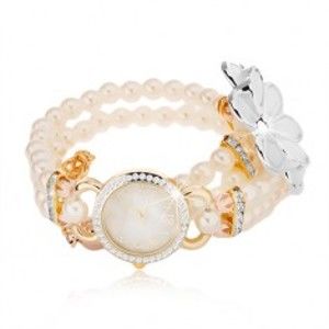 Šperky eshop - Analógové hodinky, korálkový biely náramok, ciferník so zirkónmi, biely kvet Z06.07