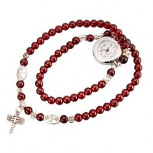 Šperky eshop - Analógové hodinky, korálkový červený náramok, biely ciferník, vážka S71.03