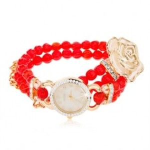 Šperky eshop - Analógové hodinky, korálkový červený náramok, ciferník so zirkónmi, biela ruža Z10.01