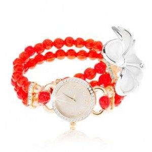 Šperky eshop - Analógové hodinky, korálkový červený náramok, ciferník so zirkónmi, biely kvet Z02.05