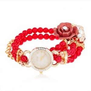 Šperky eshop - Analógové hodinky, korálkový červený náramok, ciferník so zirkónmi, ruža Z04.16