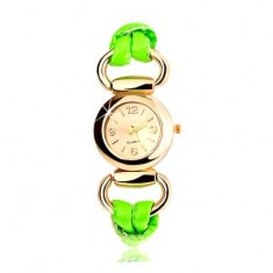 Šperky eshop - Analógové hodinky, okrúhly ciferník zlatej farby, latexový zelený remienok X33.14