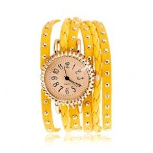 Šperky eshop - Analógové hodinky, žltý nastaviteľný remienok, karabínkové zapínanie U9.3