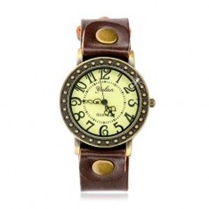 Šperky eshop - Analógové náramkové hodinky, hnedý remienok, okrúhly ciferník X33.5