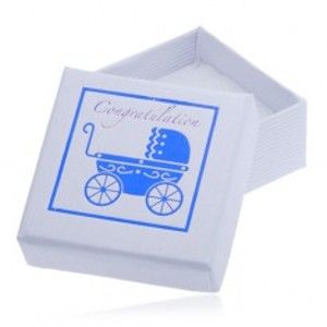 Šperky eshop - Biela darčeková krabička na šperk - modrý detský kočík Y25.4