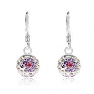 Šperky eshop - Biele guličkové náušnice, striebro 925, trblietavé fialovo-ružové kvety, 8 mm SP79.17