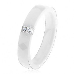 Biely keramický prsteň s hladkým povrchom, oceľový obdĺžnik so zirkónmi - Veľkosť: 52 mm