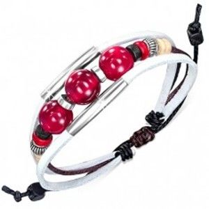 Šperky eshop - Biely kožený multináramok, rúrky, hnedá šnúrka, červené guličky S44.10