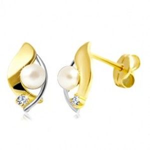 Briliantové náušnice zo 14K zlata, dvojfarebné zrnko, číry briliant a biela perla