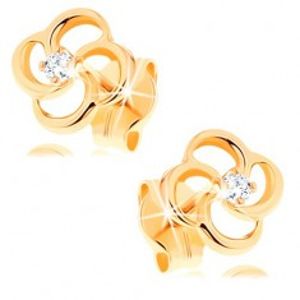 Šperky eshop - Briliantové náušnice zo žltého 14K zlata - kvet s čírym diamantom BT501.84