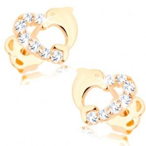 Šperky eshop - Briliantové zlaté náušnice 585 - obrys srdiečka s líniou diamantov a delfínom BT503.44