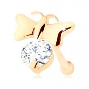 Šperky eshop - Briliantový piercing do nosa v žltom 14K zlate - lesklý motýlik a číry diamant BT503.67