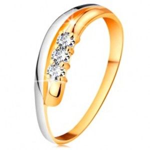Briliantový prsteň v 14K zlate, zvlnené dvojfarebné línie ramien, tri číre diamanty - Veľkosť: 61 mm