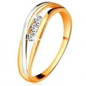 Šperky eshop - Briliantový prsteň zo 14K zlata, zvlnené dvojfarebné línie ramien, tri číre diamanty BT179.28/34/503.01/05 - Veľkosť: 53 mm