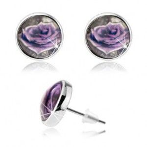 Šperky eshop - Cabochon náušnice, číra vypuklá glazúra, fialová ruža s bielym okrajom SP75.26