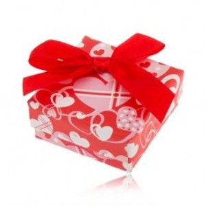 Červená darčeková krabička na náušnice - biele srdiečka, červená mašlička