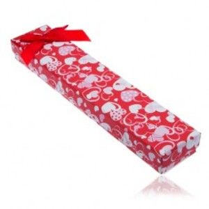 Červená darčeková krabička na retiazku alebo náramok - biele srdiečka, červená ozdobná mašľa