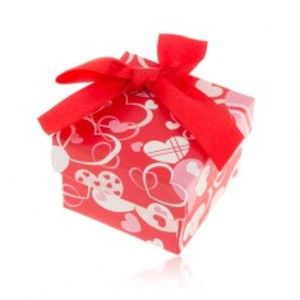 Šperky eshop - Červeno-biela krabička na prsteň, náušnice alebo prívesok, srdiečka, mašľa Y41.14