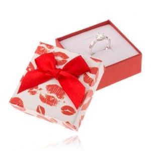 Šperky eshop - Červeno-biela krabička na šperk, odtlačky pier, mašľa VY3
