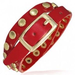 Šperky eshop - Červený kožený náramok - pásik s nitmi zlatej farby U5.19