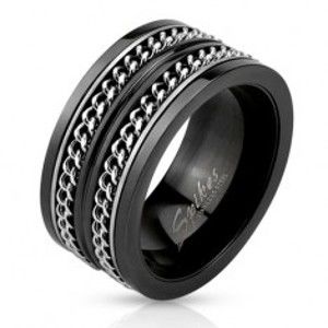 Šperky eshop - Čierna oceľová obrúčka, dve retiazky striebornej farby BB13.16 - Veľkosť: 65 mm