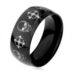 Šperky eshop - Čierna oceľová obrúčka, lebky a kríže striebornej farby, 9 mm H6.13 - Veľkosť: 70 mm