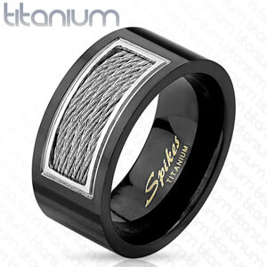 Čierna titánová obrúčka - obĺžnikový výrez, kovové točené lanká, rôzne veľkosti - Veľkosť: 70 mm