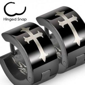 Šperky eshop - Čierne oceľové náušnice s ľaliovým krížom v striebornom odtieni X14.12