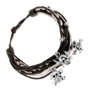 Šperky eshop - Čierno-biely pletený náramok, oceľové guličky a prívesky - lebky s kosťami SP79.29