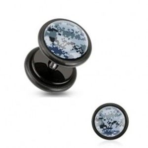Šperky eshop - Čierny akrylový fake plug, pixelový maskáčový vzor, čierne gumičky W14.15