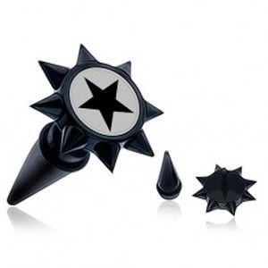 Šperky eshop - Čierny fake taper do ucha s ostňami a čiernou hviezdou PC36.12