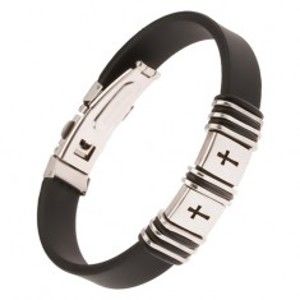 Šperky eshop - Čierny gumený náramok, oceľové známky s vyrezanými krížmi Y01.04