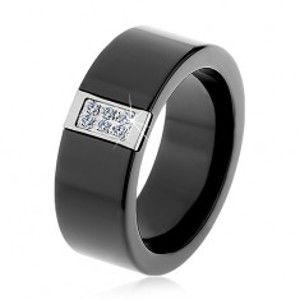 Šperky eshop - Čierny keramický prsteň s hladkým povrchom, oceľový obdĺžnik so zirkónmi H1.1 - Veľkosť: 64 mm