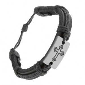 Šperky eshop - Čierny kožený náramok so šnúrkami, obdĺžnik s vyrytým barličkovým krížom Z21.10