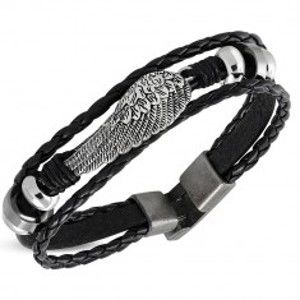 Šperky eshop - Čierny náramok zo syntetickej kože - anjelské krídlo, zapletané pásy, korálky SP16.28