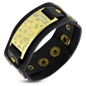 Šperky eshop - Čierny náramok zo syntetickej kože - ozdobná známka s jamkami, nity SP18.29