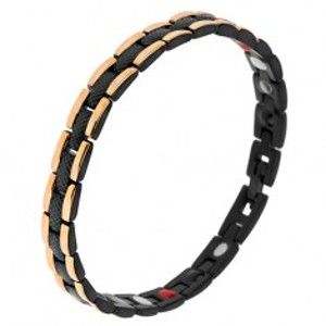 Šperky eshop - Čierny oceľový náramok s hadím vzorom, okrajové pásy zlatej farby, magnety SP32.19