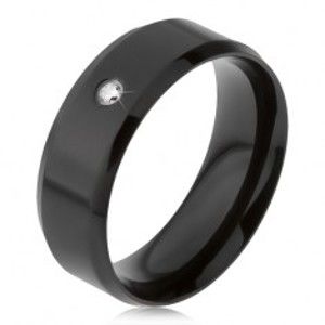 Čierny oceľový prsteň, číry kamienok, skosené okraje - Veľkosť: 57 mm
