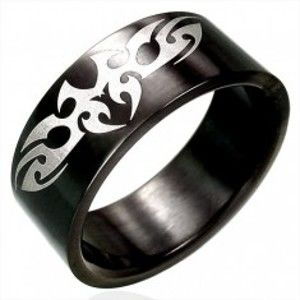 Šperky eshop - Čierny oceľový prsteň TRIBAL symbol D3.15 - Veľkosť: 54 mm