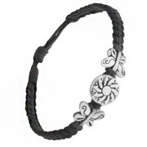 Šperky eshop - Čierny pletený náramok zo šnúrok, známka s kvetom, motýle Q22.06