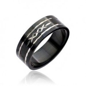 Šperky eshop - Čierny prsteň z ocele - vyryté krížiky J5.1 - Veľkosť: 57 mm