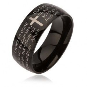 Šperky eshop - Čierny prsteň z ocele, kríž striebornej farby, modlitba Otčenáš BB11.13 - Veľkosť: 68 mm