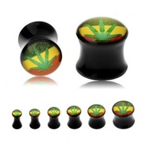 Šperky eshop - Čierny sedlový plug do ucha, zelená marihuana na pozadí s rasta farbami S38.07 - Hrúbka: 6 mm 